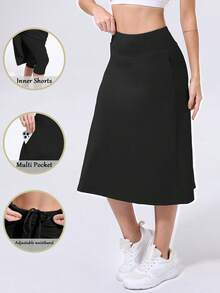 RUNONWHEELS 5 女士中长款运动短裙，带口袋 - 29英寸及膝网球裙，高腰收腹运动短裙，适合高尔夫、瑜伽、跑步等运动，黑色夏季款 - 黑色 - 查看 7