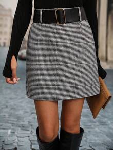 Minifalda negra y blanca con estampado de pata de gallo de estilo clásico A-line con cremallera para tallas grandes - Blanco y Negro - Ver 1