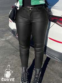 Plus Size Y2K Streetwear Coated Skinny Pants, Autumn - Black - View 3