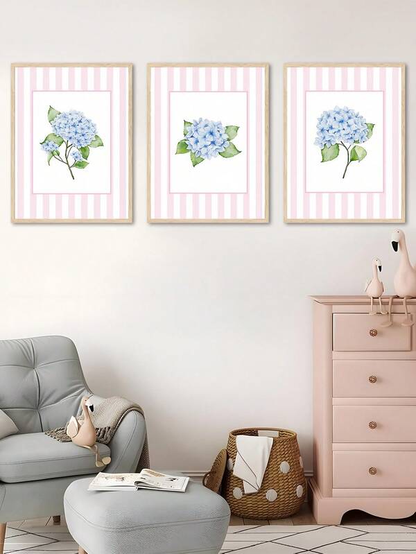 3 piezas Pinturas de acuarela de hortensias, arte de pared de escenario costero, estilo Hampton, decoración de pared de estética costera, pintura al óleo botánica, fondo a rayas, adecuado para dormitorio, sala de estar, oficina, comedor, cocina, estudio, pasillo, dormitorio, baño, regalo ideal para amigos, arte de pared, decoración de pared, decoración del hogar, decoración de la habitación, arte de pared en lienzo, póster, arte de pared enmarcado, opciones de marco disponibles