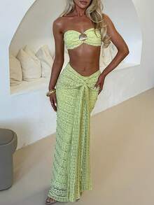 Women Summer Outfits Cute Shells Crop Bandeau Tops And Elastic Tie Front Skirt Set For Streetwear Aesthetic Clothes - màu xanh lá - Xem 1