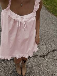 Women's Y2k Summer Mini Dress Sleeveless Square Neck Tie Bow Front Solid Color Dress Spaghetti Strap Open Back Short Dress Going Out Dress Club Streetwear Beach Party Aesthetic Clothes - Hồng - Xem 1