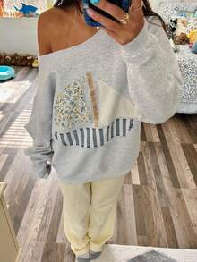 Women Y2k Off The Shoulder Tops Long Sleeve Asymmetrical Sweatshirt Loose Fit Pullover Tops Tee Shirt Vintage Graphic Hoodies Aesthetic Clothes Streetwear Fall Spring Outfit - 灰色 - 查看 3