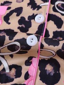 2 件豹纹蝴蝶结女士睡衣套装，时尚柔软的装扮，舒适的长袖有领纽扣衬衫，配有胸袋和宽松的抽绳裤，适合节日派对、休闲户外和室内穿着、秋冬、秋季服装 - 彩色 - 查看 9