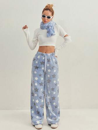 Women's Thick Flannel Star & Heart Pattern Drawstring Waist Straight Leg Pants, Suitable For Outerwear And Loungewear, Autumn/Winter, Fluffy, Cozy