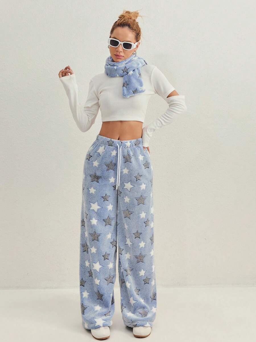 女士加厚法兰绒星心图案抽绳直筒裤，适合外穿和居家穿着，秋冬季，蓬松舒适