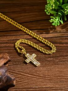 1pc Retro Metal Simple 18K Gold Plated Stainless Steel Twist Chain Necklace + Copper Zirconia Cross Pendant, European American Hip Hop Style Rhinestone Cross Gold Plated Necklace, Elegant Cross Necklace Pendant For Easter - Multicolor - View 17