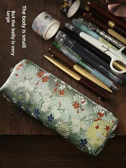 1pc Retro Chinese Style Linen Foil Canvas Pencil Case, Large Capacity Simple Pencil Bag, Multifunctional As Makeup Case, Wash Case, Pencil Box, Back To School, School Supplies, Pencil Pouch For Pens, Pencils, Markers