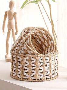 1pc Handwoven Storage Basket, Multipurpose Desktop Organizer Box, Living Room Storage Bin, Can Store Snacks, Toys, Keys And Small Items, Bohemian Geometric Woven Basket, Wooden Rattan Planter Stand, Mixed Natural Rope Decor, Creates Coastal Ambiance. - square - View 8