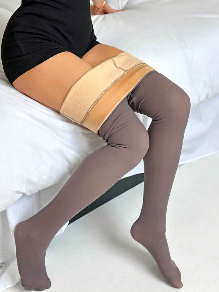 ChicMe 女士羊毛衬里紧身裤保暖高腰修身仿半透明连裤袜打底裤冬季保暖日常穿着 - 灰色 - 查看 5