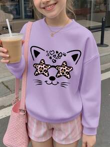 1PC Girl Leopard - Print Star & Cat - Element Crew Neck Sweatshirt, Comfortable, Spring Autumn School Activities Personalized Style - Purple - View 1