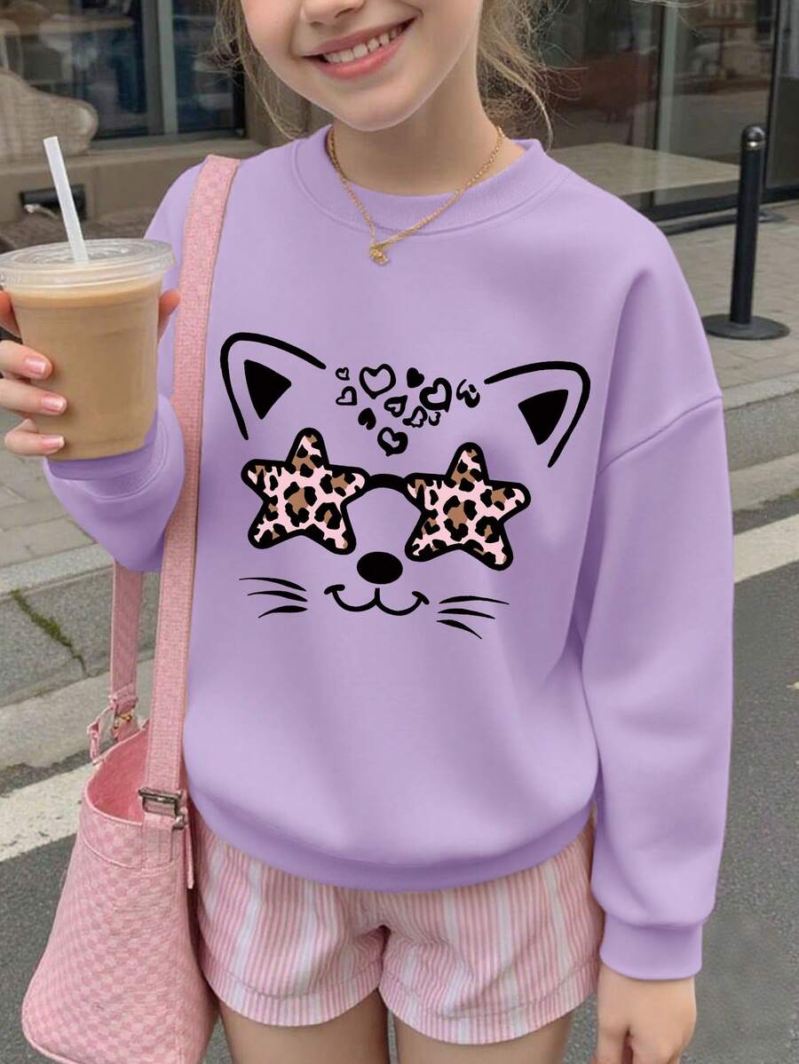 1PC Girl Leopard - Print Star & Cat - Element Crew Neck Sweatshirt, Comfortable, Spring Autumn School Activities Personalized Style - Purple - View 1