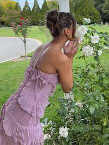 Women's Ruffle Halter Dress Sleeveless Solid Color Long Flowy Dress Summer A-Line Dress - 紫色 - 查看 4