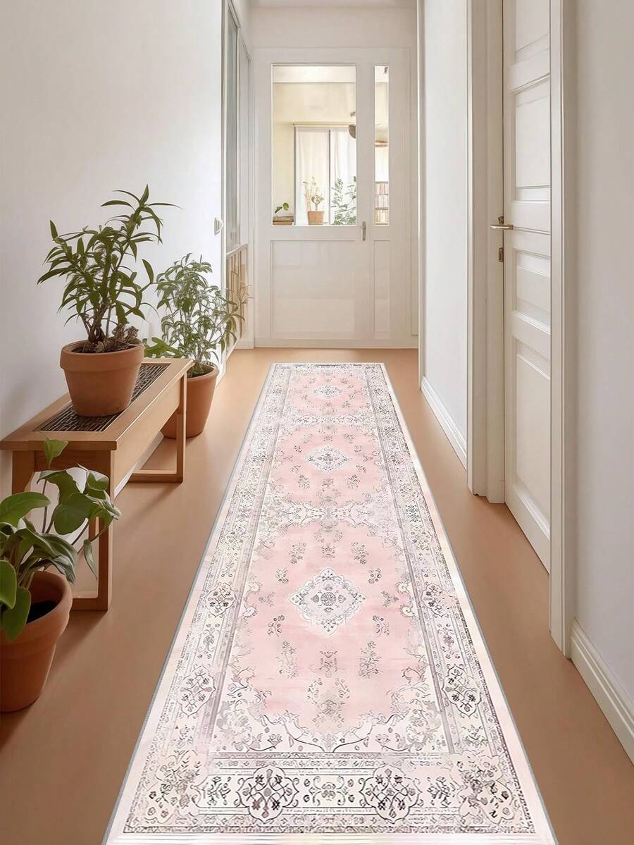 1 peça de tapetes rosa, estilo boêmio, tapete de corredor, 850g/m², 0,5cm de espessura, antiderrapante, lavável e lavável à máquina, decoração de casa, sala de estar, cozinha, corredor, quarto, sala de jantar, escritório, todas as estações
