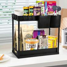 Under Sink Organizer Shelf, 2-Tier Kitchen Organizer With Sliding Basket And Hooks, Multipurpose Bathroom Cabinet Organizer (Black) - 黑色(1Psc) - 查看 4