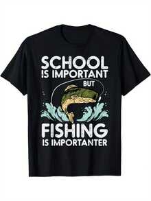 Youngsters' Cotton T-Shirt With "School Is Important But Fishing Is Importanter" Print T-Shirt Gifts For Boys Girls Kids YYQ 180g - 黑色 - 查看 1