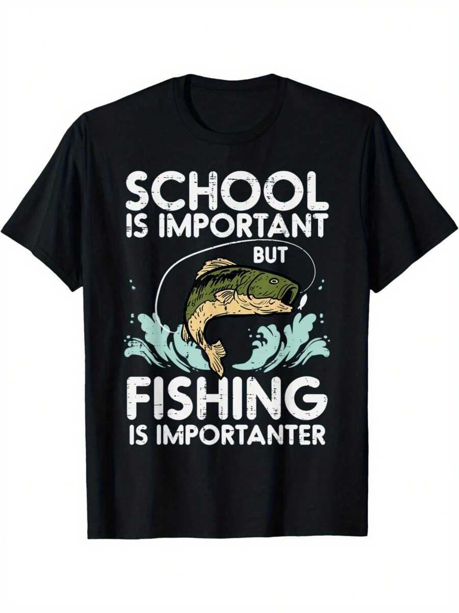 Youngsters' Cotton T-Shirt With "School Is Important But Fishing Is Importanter" Print T-Shirt Gifts For Boys Girls Kids YYQ 180g - 黑色 - 查看 1