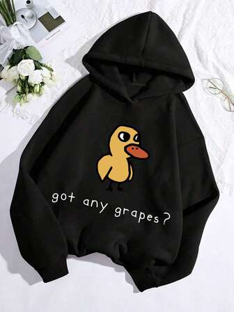 Teen Girl's Street Fashion Duck Pattern Printing Oversized Loose Long-Sleeved Hooded Sweatshirt, Interesting Style, Girl's Solid Color Hooded Sweatshirt, Suitable For Daily Wear, Party, School, Attending Music Festivals, Vacation, Commuting. Can Be Given As A Gift To Family, Boyfriend, Girlfriend, Friends