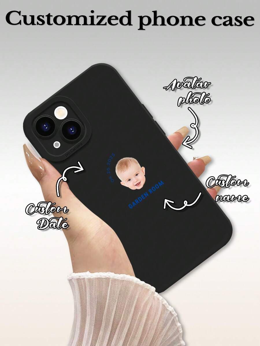 1 件极简肖像、日期、姓名和文字定制全覆盖硅胶镜头保护手机壳，兼容 16、15、14、13、12、11 Pro Max - 黑色 - 查看 1