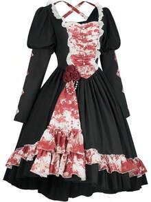 Gothic Lolita Bloody Bride Costume For Women, Kawaii Halloween Dress, Anime Doll Cosplay Party Outfit - 黑色 - 查看 7