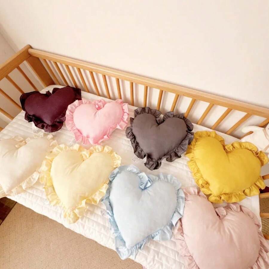 1pc Romantic Pink Heart Satin Cushion Pillow With Ruffled Edge Ultra Soft Plush Decor For Bedroom Living Room Wedding Gift