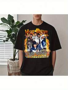 Camiseta gráfica Hot Boys 90s Cash Money Millionaires - BG Juvenil Turk Vintage Hip-Hop con llamas y retrato de grupo - Negra de ajuste regular, cuello redondo, ropa de calle para adultos, camiseta de hip hop, moda de ropa de calle, impresión llamativa, material transpirable, mercancía musical, entusiastas de la ropa de calle - Negro - Ver 2
