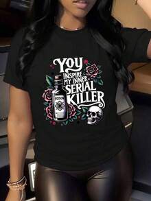 大码女式夏季玫瑰骷髅图案T恤，休闲舒适日常上衣 | 夏季女装，上衣，图案T恤 | 大码女装，大码上衣，大码女式上衣，曲线身材大码服装，大码上衣，大码T恤，孕妇大码服装，大码女式T恤，万圣节礼物（黑色） - 黑色 - 查看 6