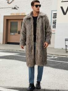 New Men's Square Collar Faux Fur Long Coat - Grey - View 1