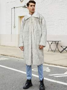 新款男士方领仿皮草长款大衣 - 白色 - 查看 2