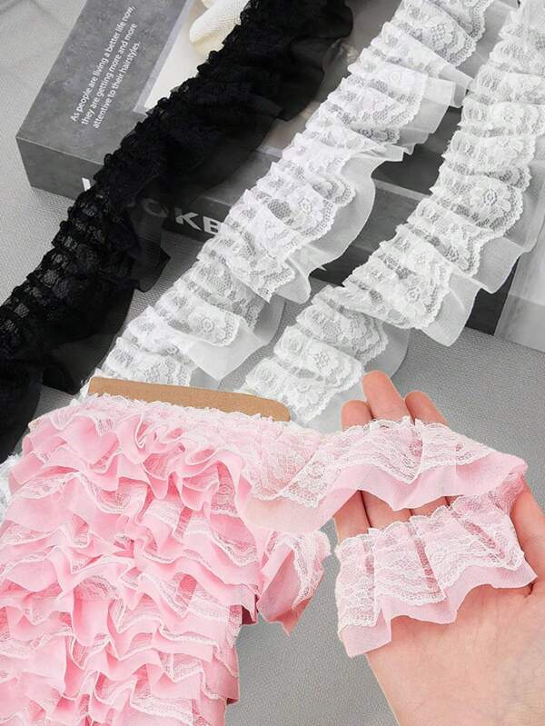 2/5/10Yards Double-Layer Pleated Chiffon Lace Trim 5cm Wide 2-Layer Gathered Ruffle Trim Edging Tulle Trimmings Fabric Ribbon Jacquard Lace For DIY Sewing Crafts Pillowcase Embellishments