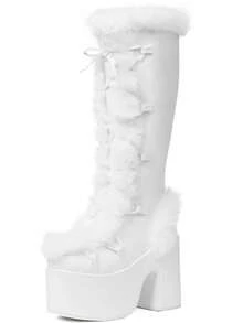 Women's Christmas Winter Furry Snow Boots Womens Mid Calf Boots Lace Up Zip Block Chunky High Heel Punk Goth Warm Fur Winter Snow Platform Knee High Boots - trắng - Xem 6