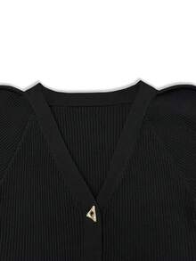 Women's New Black V-Neck Asymmetric Metal Button Wave Long Sleeve Asymmetric Hem Striped Textured Sexy Casual Office Knit Sweater, Autumn/Winter - Black - View 10