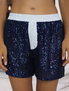 Women's Pajama Shorts Sparkly Sequined Striped Trim Low Rise Sleep Shorts For Summer
