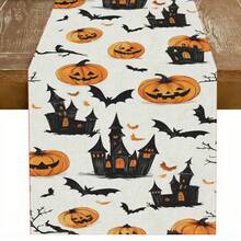 1 bucată de steag de masă cu model de dovleac de Halloween, fabricat din fibră de poliester tricotată de 72 inch, folosit pentru mese de sărbători, decorațiuni de bucătărie acasă, petreceri și cadouri