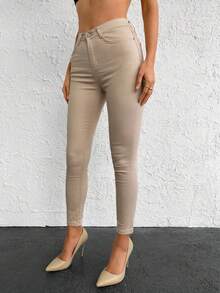 Damen Hose mit hoher Taille, elastisch, schmal geschnitten, aus Leinen, einfarbig, Lässig, mit Reißverschluss, Knopf und Taschen