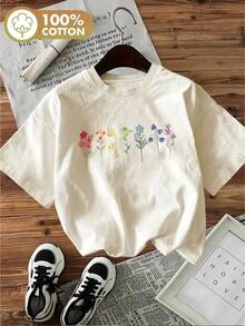 Women's T-Shirt Flowers T-Shirt Short Sleeve Shirt Cotton Printed Women's Fashion - 米色 - 查看 1