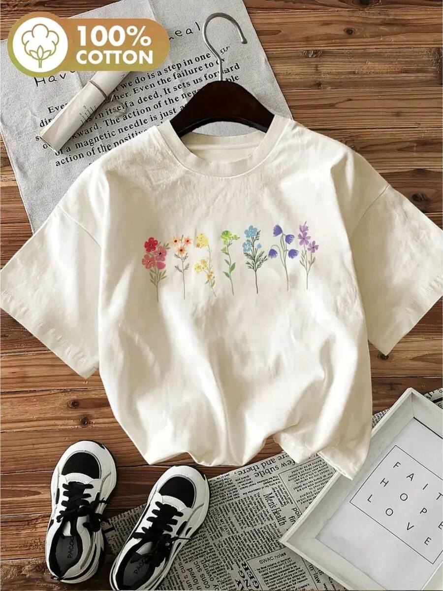 Women's T-Shirt Flowers T-Shirt Short Sleeve Shirt Cotton Printed Women's Fashion - 米色 - 查看 1