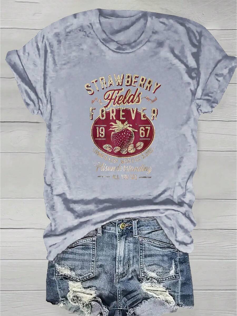 Fashionable Womens Graphic Print T-Shirt - Casual Short Sleeve Crew Neck Top - Lightweight & Breathable For Spring & Summer Wardrobe - Light Grey - View 1