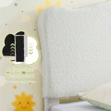 Cama individual beige para niños, plataforma tapizada con cabecero de terciopelo bouclé, sin somier, fácil montaje, diseño duradero - Blanco roto-Twin - Ver 5