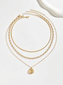 3 pièces/set Collier pendentif rond polyvalent simple, chaîne claviculaire courte dorée faite main chic, collier multicouche mode bijoux pour femmes, convient pour un port quotidien casual. Longueur de chaîne faite main peut être personnalisée. - Multicolore - Voir 2