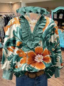 1Pcs Retro Ruffled Long-Sleeved Top, Green Floral Print, V-Neck/Lapel Collar, Cuff Stripes, Casual Shirt Top, Suitable For Any Occasion, Machine Washable, Autumn & Winter Women's Clothing - 綠色 - 查看 2