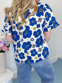 1Pcs Women's Beautiful Floral Ruffle Sleeve Top, V-Neck, Ruffle Cuffs, Front Button Detail, Casual Top, Machine Washable, Autumn Women's Clothing - Màu xanh lam - Xem 5