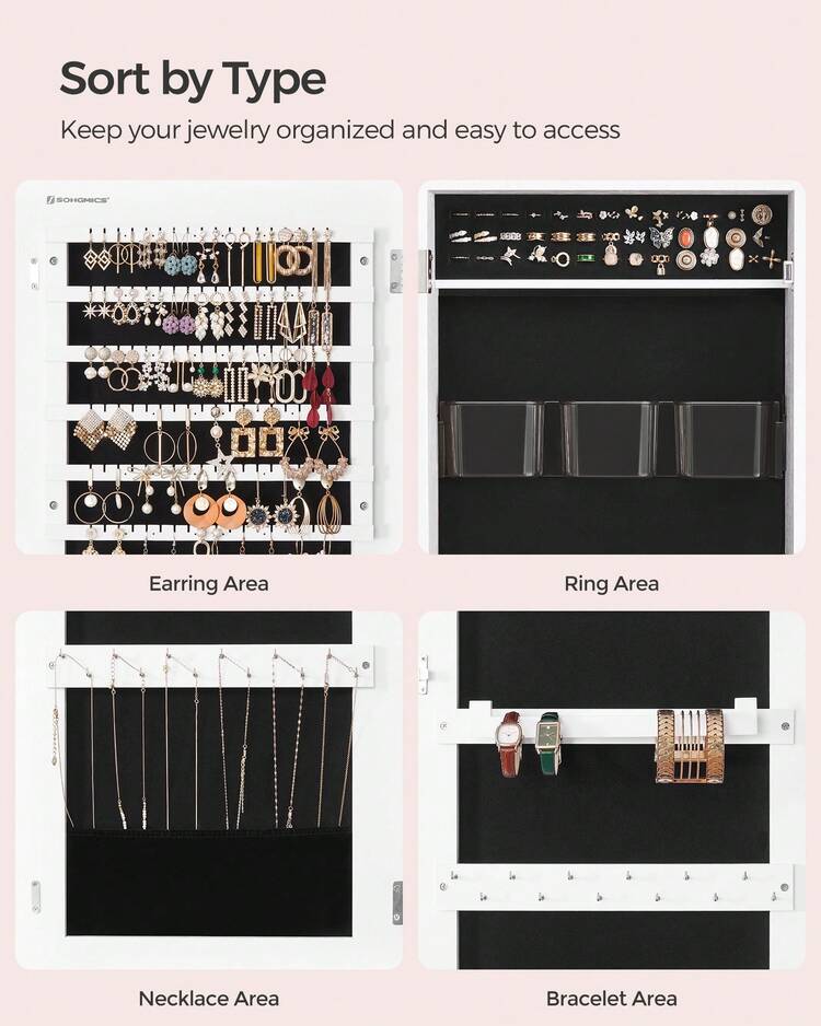 SONGMICS Mirror Jewelry Cabinet, Wall Or Door Mounted Jewelry Storage, Lockable, With 2 Plastic Cosmetic Organizers - 白色 - 查看 7