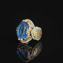 1 PC Fashionable Retro Geometric Inlaid Blue Gemstone Carved Pattern Unisex Ring Suitable For Daily Wear, Gift Jewelry - Nhẫn nam màu xanh ngọc lam đại dương - Xem 5