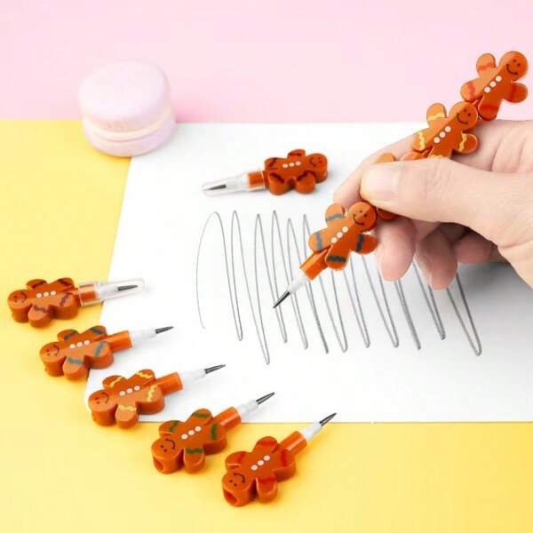 8pcs Creative Non-Sharpening Pencils, DIY Cute Gingerbread Man Puzzle Building Block Pencils, Suitable For Back To School, Halloween, Christmas Gifts And Prizes [Random Color]