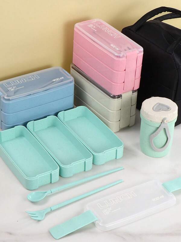 1 Set Bento Box Set, 3-In-1 Bento Box Set, 3 Compartments Container, Adult Lunch Box With Separators, Utensils, Microwave And Dishwasher Safe, Suitable For Lunch, Snack, School And Travel School Supplies,Back To School