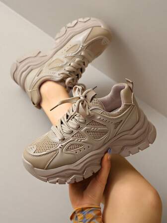 New Women Thick Sole Sneakers, Mesh Fabric, Casual Round Toe Lace-Up Outdoor Chunky Sneakers, Beige/Khaki, Fits Small, Chinese Size