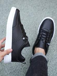 ​Men's Black & White Leather Sport Sneakers - Chunky Sole Everyday Shoes For Street Style, Year-Round Lightweight Wear​ - 黑色 - 查看 2