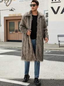 New Men's Square Collar Faux Fur Long Coat - Grey - View 2