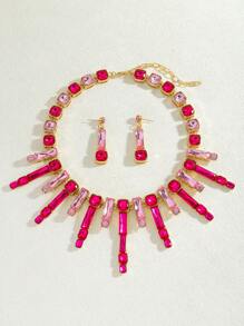 3 件优雅奢华彩色水晶项链吊坠耳环套装，闪亮钻石颈链项链项圈耳环套装，项链吊坠项链耳环，适合女性水晶派对、宴会、晚宴、时尚百搭